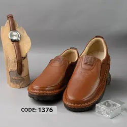 کفش چرم طبیعی عسلی زیره قهوه ای سوخته دوردوخت - کد 1376