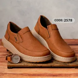 کفش چرم طبیعی بدون بند کلارک آجری زیره کرم - کد 2578
