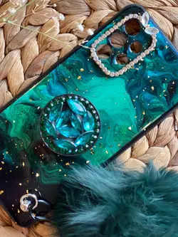 قاب موبایل شیاومی ماربل پام پام یشمی نگین دار + پام پام + پاپ سوکت (سبز)