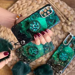 قاب موبایل سامسونگ ماربل پام پام یشمی نگین دار + پام پام + پاپ سوکت (سبز)