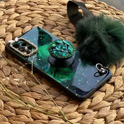 قاب موبایل سامسونگ ماربل پام پام یشمی نگین دار + پام پام + پاپ سوکت (سبز)