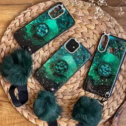 قاب موبایل سامسونگ ماربل پام پام یشمی نگین دار + پام پام + پاپ سوکت (سبز)