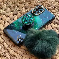 قاب موبایل سامسونگ ماربل پام پام یشمی نگین دار + پام پام + پاپ سوکت (سبز)