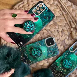 قاب موبایل آیفون ماربل پام پام یشمی نگین دار + پام پام + پاپ سوکت (سبز)