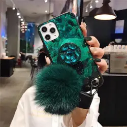 قاب موبایل آیفون ماربل پام پام یشمی نگین دار + پام پام + پاپ سوکت (سبز)