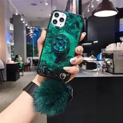 قاب موبایل آیفون ماربل پام پام یشمی نگین دار + پام پام + پاپ سوکت (سبز)