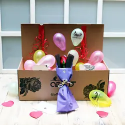 جعبه سورپرایز گل و بادکنک تولد و عروسک
