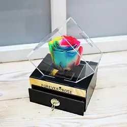 گل رز جاودان رنگین کمان در باکس پلکسی کشو دار