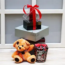 پکیج هدیه شکلات ، عروسک خرسی و باکس رز جاودان قرمز