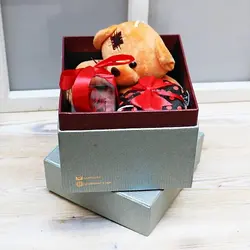 پکیج هدیه شکلات ، عروسک خرسی و باکس رز جاودان قرمز