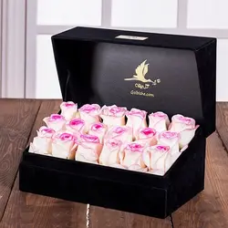 باکس گل لاوین بزرگ مدل ۱۸ شاخه گل رز هلندی لب ماتیکی