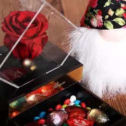 پکیج گل رز جاودان قرمز به همراه عروسک و شکلات