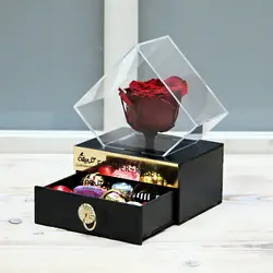 پکیج گل رز جاودان قرمز به همراه عروسک و شکلات