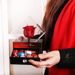 پکیج گل رز جاودان قرمز به همراه عروسک و شکلات
