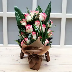 دسته گل رز هلندی لب ماتیکی ۱۵،۱۱،۷ شاخه ( به همراه جعبه و بسته بندی )