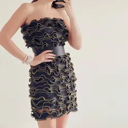 پیراهن پیلیسه مشکی کمر ساتن