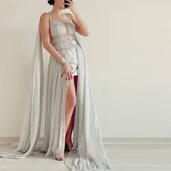 پیراهن دنباله دار حریر نقره ای