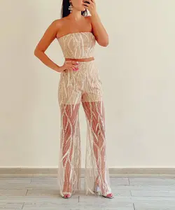 کراپ تاپ و شلوار شعله ای پودری