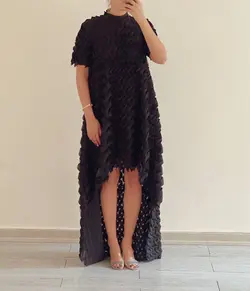 پیراهن دنباله دار گل برگی برجسته حریر مشکی