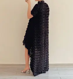 پیراهن دنباله دار گل برگی برجسته حریر مشکی