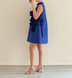 پیراهن کوتاه آبی کاربنی گل رز