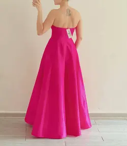 پیراهن تافته گره دار فنر U سرخابی ماکسی