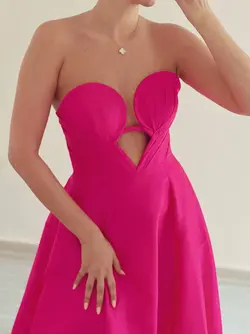 پیراهن تافته گره دار فنر U سرخابی ماکسی