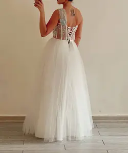 پیراهن تاپ لکس تور سفید ماکسی گل دوزی آبی
