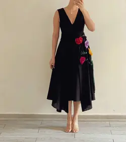 پیراهن لینن مشکی میدی گل رز