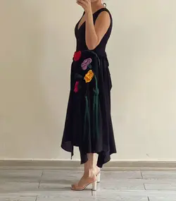 پیراهن لینن مشکی میدی گل رز