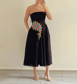 پیراهن میدی دکلته لینن مشکی بته جقه