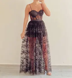 پیراهن کرست ماکسی دانتل فرانسه مشکی و طلایی