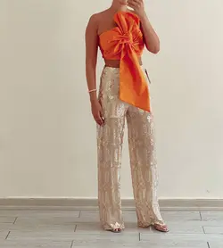 شلوار پولکی طلایی طرح دار