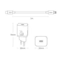 شارژر آداپتور دیواری فست شارژ 20 واتی بیسوس مدل Baseus Super Si TZCCSUP-B01/B02 به همراه کابل لایتنینگ یک متری