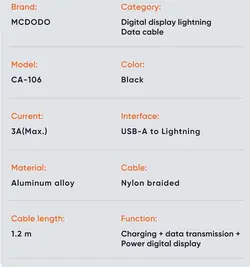 کابل شارژ و انتقال داده لایتنینگ 3 آمپر مک دودو مدل MCDODO CA-1060 داراي نمایشگر دیجیتال طول 120 سانتيمتر