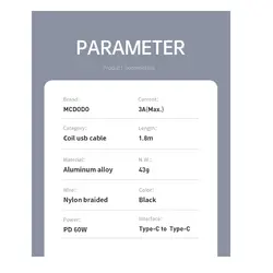 کابل شارژ و انتقال داده فنری تایپ سی به تایپ سی مک دودو مدل MCDODO CA-7860 طول 180 سانتیمتر