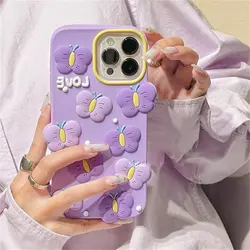 قاب آیفون پروانه بنفش LOVE برجسته سیلیکونی