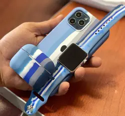 ست قاب آیفون کیس ایرپاد و بند اپل واچ رنگین کمان سیلیکونی(آبی)