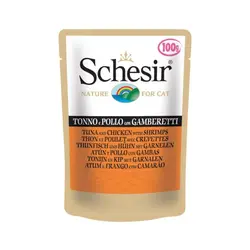 پوچ گربه شسیر با طعم ماهی تن، مرغ و شاه میگو -Schesir Pouch Tuna And Chicken With Shrimps