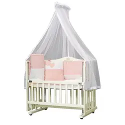 تخت و گهواره نوزاد چوبی کرم Momishop با سرویس خواب صورتی