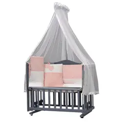 تخت و گهواره نوزاد چوبی طوسی Momishop با سرویس خواب صورتی