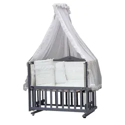 تخت و گهواره نوزاد چوبی طوسی Momishop با تور سفید