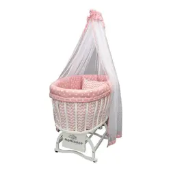تخت و گهواره نوزاد چوبی بیضی سفید Momishop با تشک صورتی