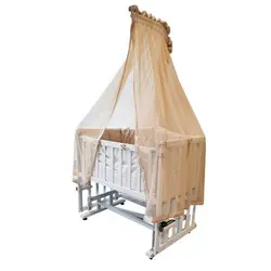 تخت و گهواره نوزاد چوبی سفید Momishop با تور کرم
