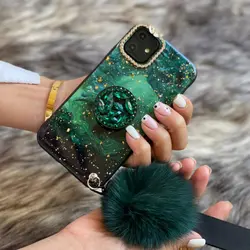 قاب موبایل سامسونگ S20 Fe ماربل پام پام یشمی نگین دار + پام پام + پاپ سوکت (سبز)