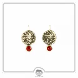 گوشواره نقره سکه با سنگ عقیق قرمز
