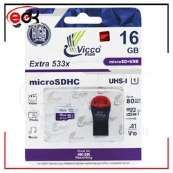 رم میکرو ۱۶ گیگ ویکومن Vicco Man Extra 533X U1 C10 80MB/s + رم ریدر