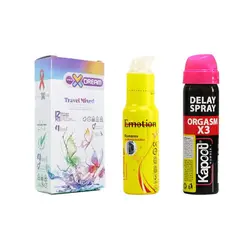پک زناشویی مسافرتی (اسپری تاخیری اورگاسم ۳ برابر کاپوت + ژل روان کننده زرد ایموشن + کاندوم مسافرتی ایکس دریم)