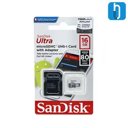 کارت حافظه microSDHC سن دیسک مدل Ultra A1 کلاس 10 سرعت 80MBps همراه با آداپتور SD ظرفیت 16 گیگابایت