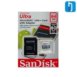 کارت حافظه microSDHC سن دیسک مدل Ultra A1 کلاس 10 سرعت 80MBps همراه با آداپتور SD ظرفیت 64 گیگابایت